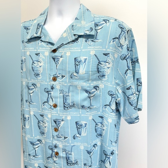 CARIBBEAN BLUE Men's cocktail pattern Silk Blend Button Down Shirt size L - Picture 1 of 12